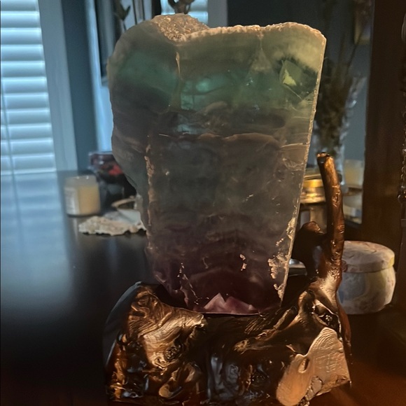 Multicolor Fluorite Crystal on Carved Base